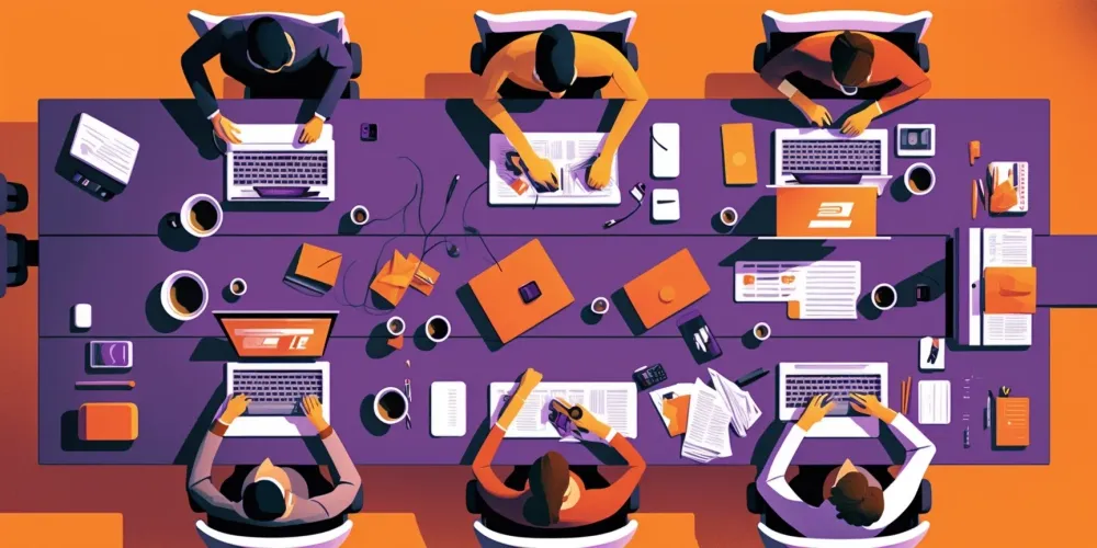 A meeting table seen from above, with several macbooks, papers, monitors on the table, with people working on them