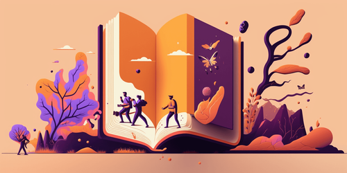 A large open book, with some characters walking on it