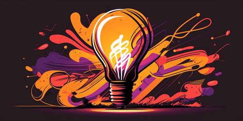 A lit light bulb, idea lightbulb, with creative design