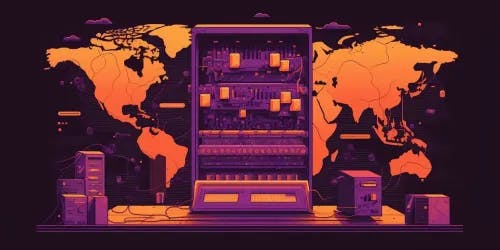 A server, with a part of the world map behind it, and wires connecting that server to different parts of the world