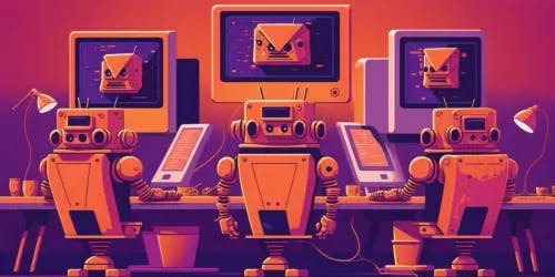 Some robots sitting in front of their computers, working as content writers
