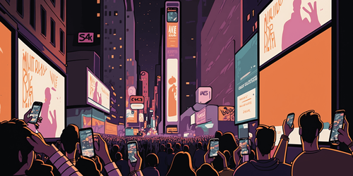 Times Square at night, with several screens of advertisements unlit, with some people taking selfies
