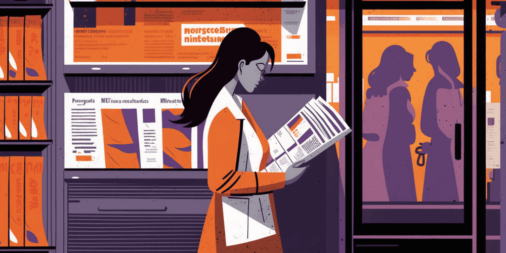 A newsstand with several newspapers, a girl standing inside the store with a newspaper in her hands, reading the newspaper