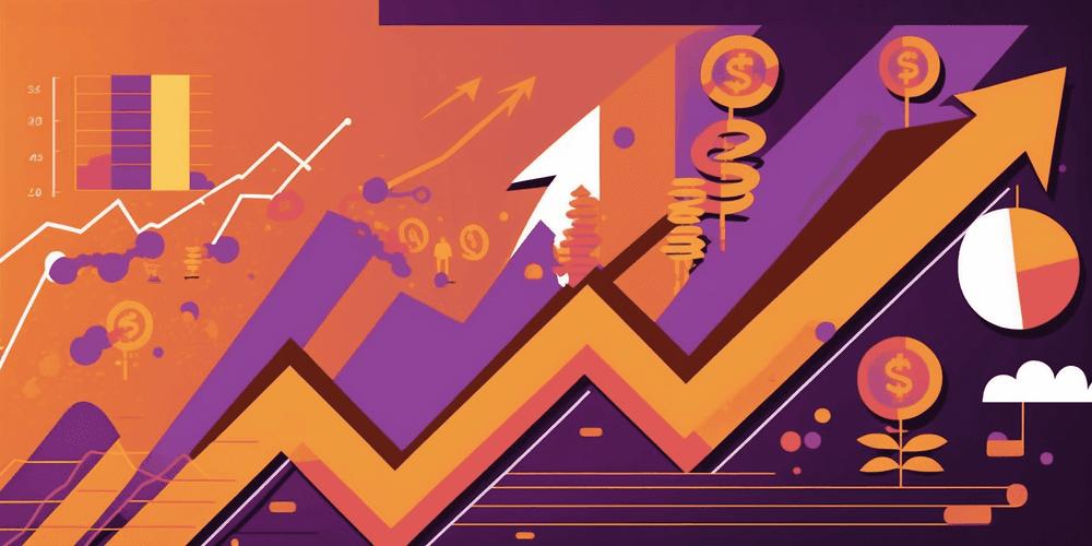Chart with arrow pointing up, metrics going up, with money symbols throughout the image