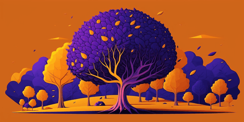 A big tree in the center, several small trees around