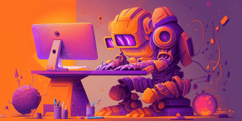 A robot sitting in front of the computer, working as a content writer