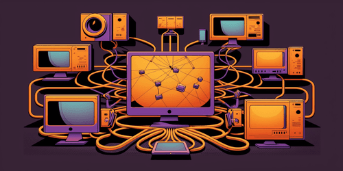 Monitor in the center, computer screens around, interconnected, managed by links
