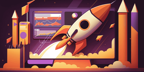 Monitor with rocket launching from inside it and graphics in the background